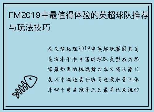 FM2019中最值得体验的英超球队推荐与玩法技巧