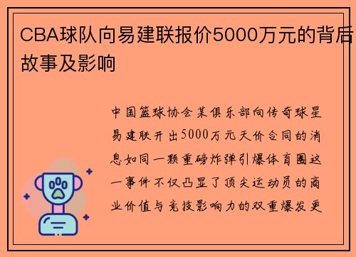 CBA球队向易建联报价5000万元的背后故事及影响